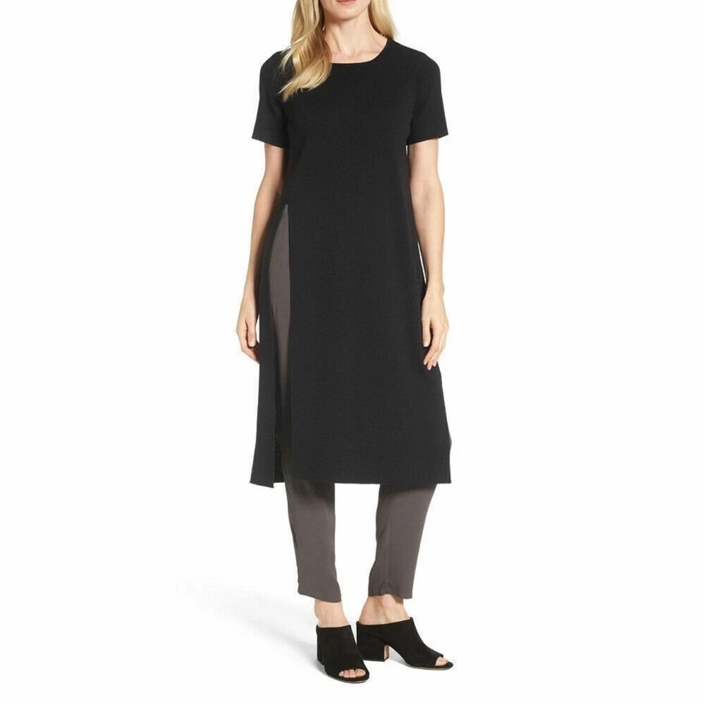 EILEEN FISHER Black Washable Wool Crepe Knit Long Tunic Sweater SP